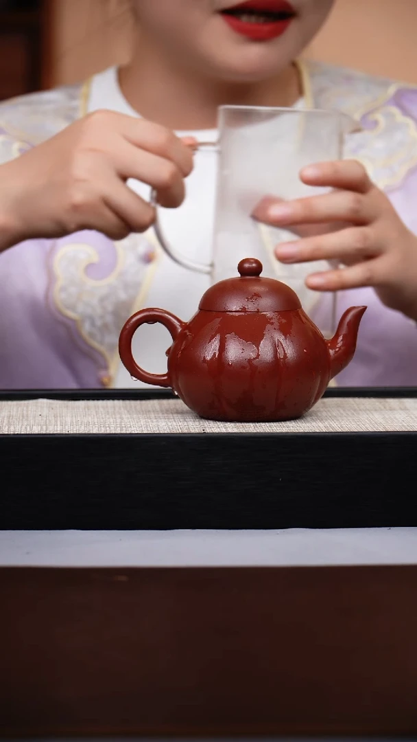 茶壶紫砂玫红泥筋纹梨形