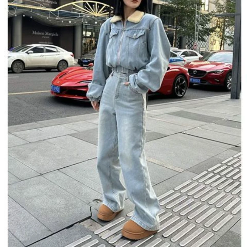 韩国东大门2025秋冬洋气加绒加厚牛仔套装女外套阔腿牛仔裤两件套