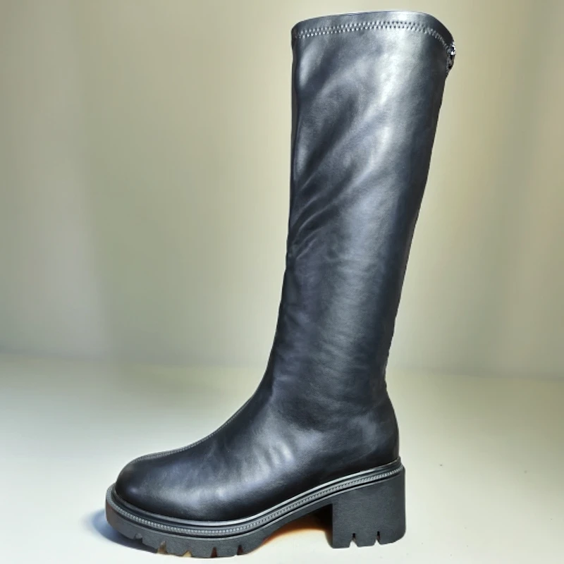 温州正版时尚长靴骑士长筒圆头高跟时装粗跟秋冬厚底百搭过膝黑色