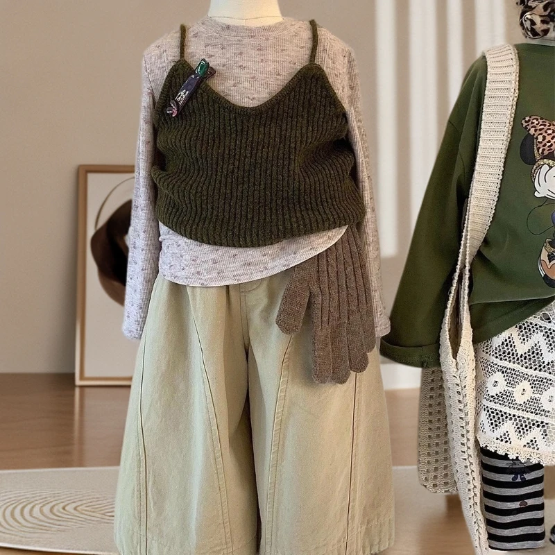 2025秋季新款休闲百搭阔腿裤三件套韩国童装女童纯色叠穿针织吊带