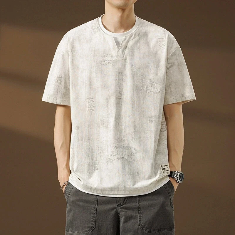 仓石一树简约复古假两件短袖T恤男装夏季潮流美式时尚宽松半袖帅