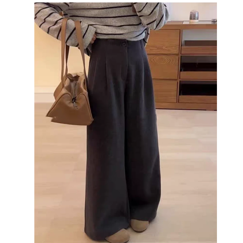 【现货➕运费险】慵懒高级感灰色毛呢裤子女款高腰直筒裤阔腿裤