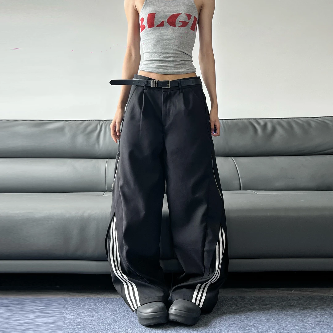JADEQILIN美式复古三道杠条纹休闲裤男女宽松休闲侧拉链设计感裤