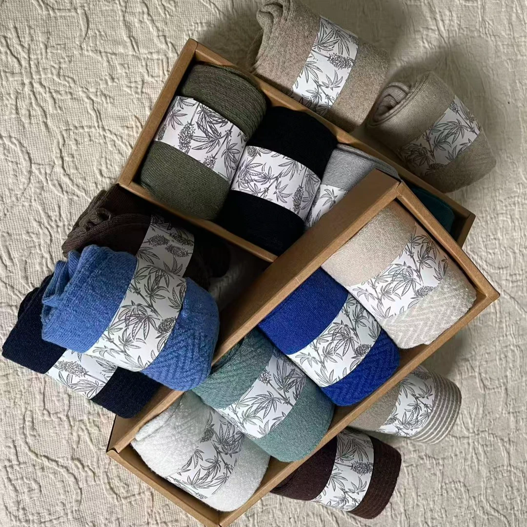 （汉麻袜子）秋冬加厚彩色汉麻袜子 提花中筒 男女同款 吸汗防臭袜