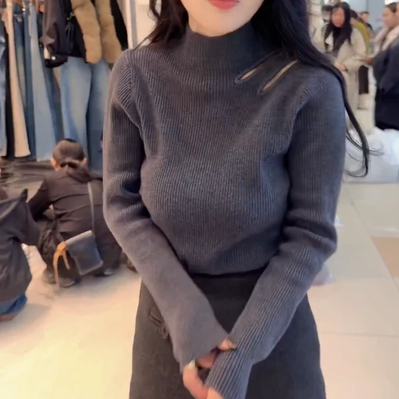 冬季极简风镂空针织纯色毛针织衫修身毛衣套头长袖LK2507996