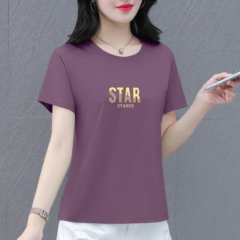 夏季宽松大码休闲2025新款女士短袖时尚潮流圆领印花洋气上衣t恤