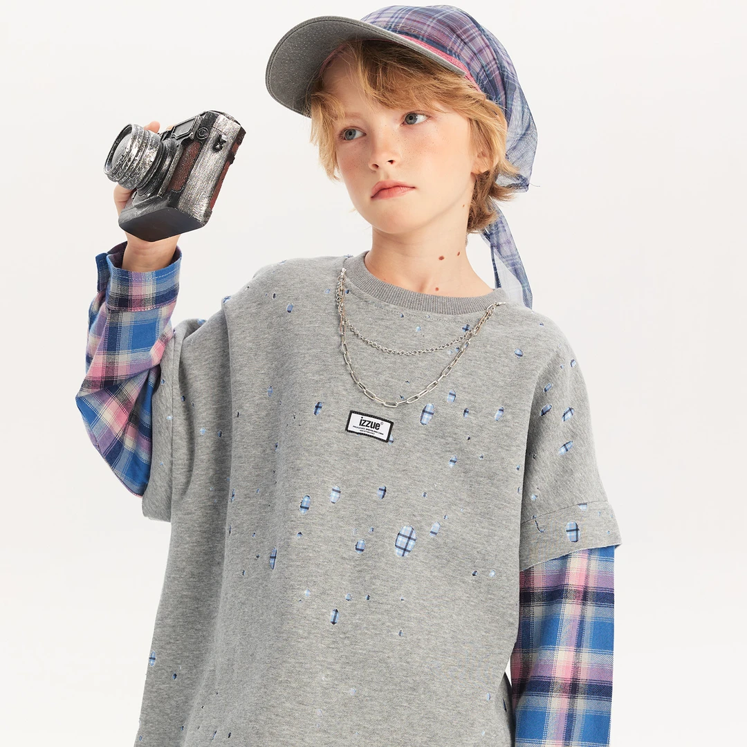 IZZUE童装假两件长袖秋装2025新款薄款格纹套头上衣IZULTME000970