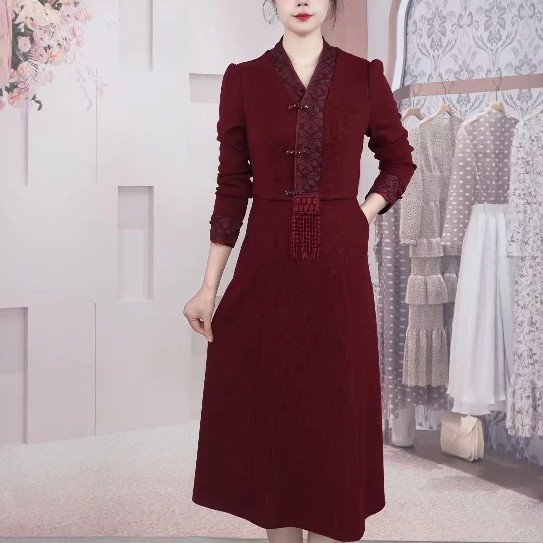 【梦雅衣橱】晚秋修身新中式优雅气质显瘦红色连衣裙喜婆婆喜妈妈