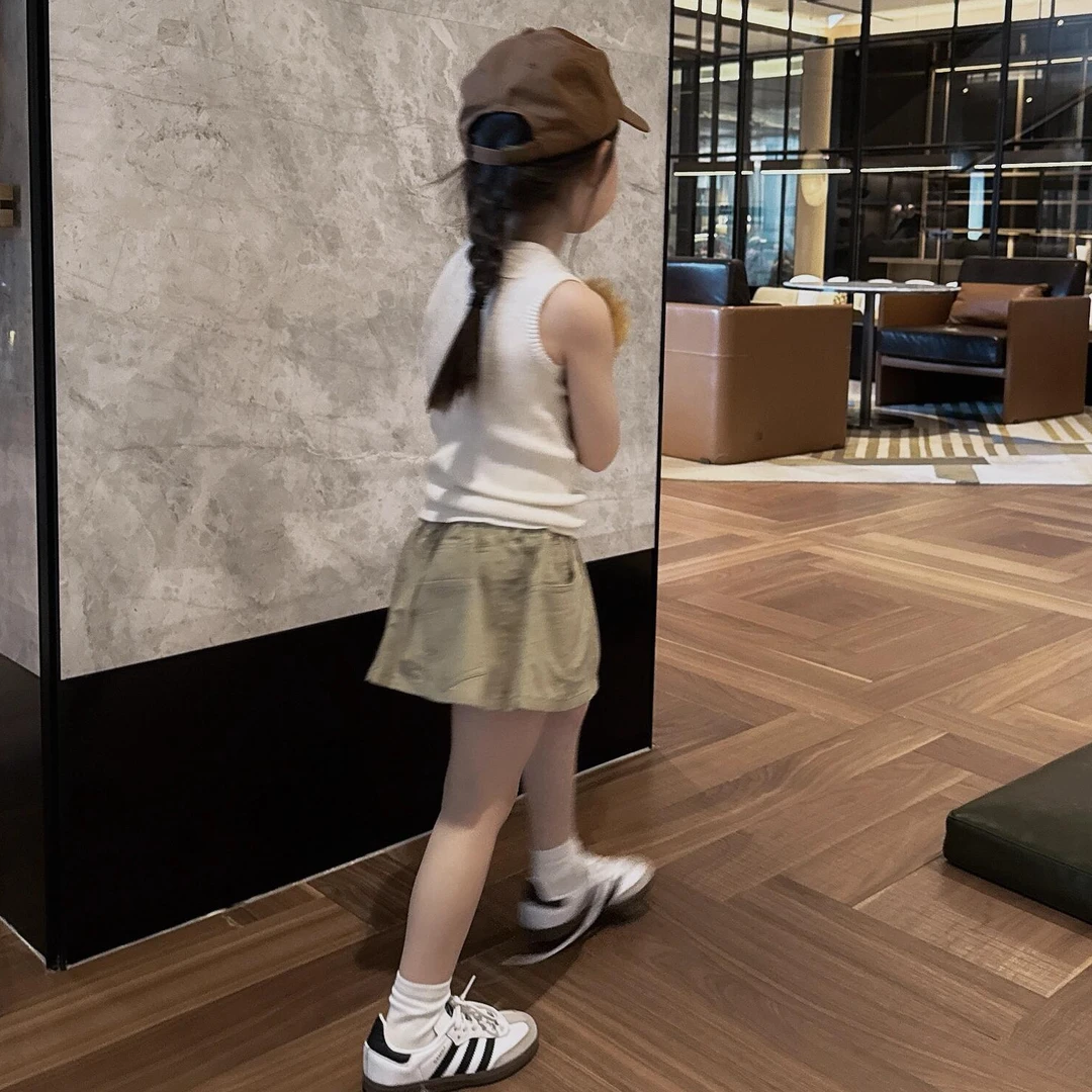 小惜亦夏季韩版童装女童无袖白色小背心卡其色工装裙宝宝女孩套装