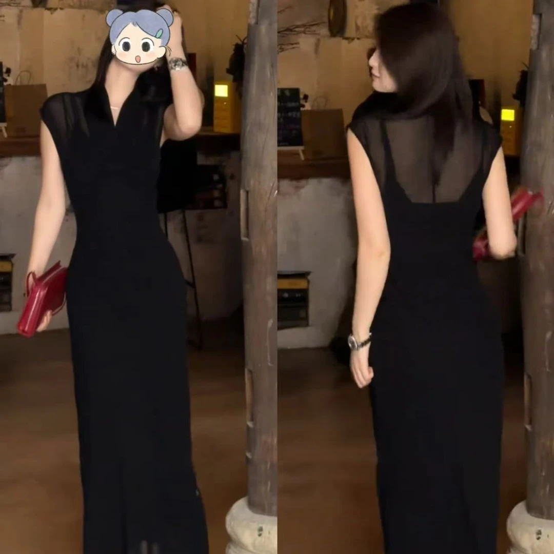 黑色无袖气质V领连衣裙女2025夏季新款法式御姐风收腰显瘦裙子