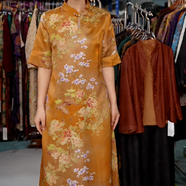 0013高端中式印花中袖连衣裙复古气质大码显瘦国风古风