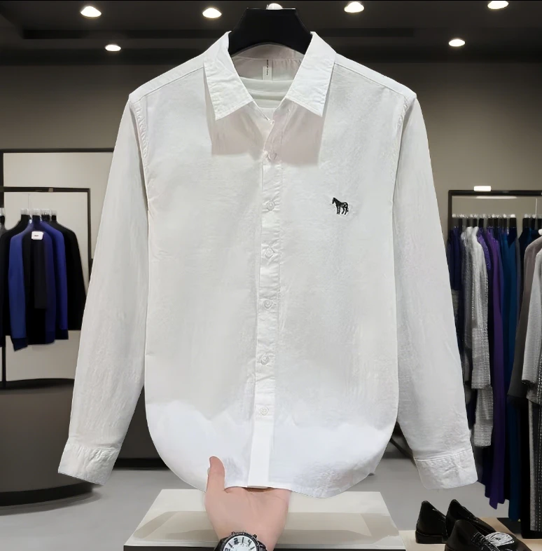 2025新款春秋薄款轻奢白色衬衫男长袖宽松学院风刺绣小清新衬衣男