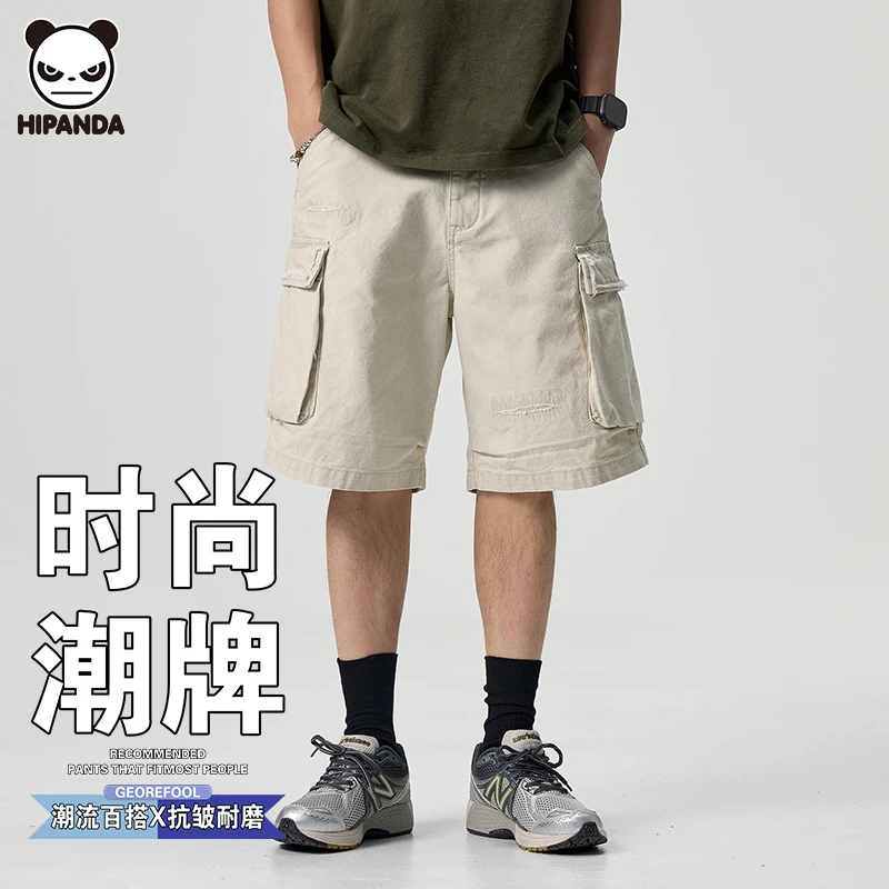 Hi Panda纯棉短裤美式高街重磅复古多口袋工装宽松潮流男士五分裤