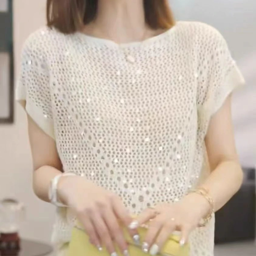 洋气百搭短袖女气质重工亮片镂空针织罩衫女2025夏季时尚简约通勤