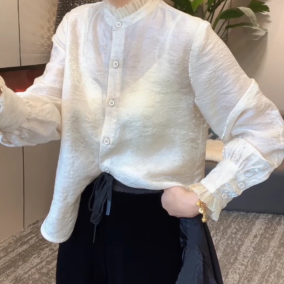 上衣新款气质百搭设计衬衣浮光精致褶皱花边领微喇长袖衬衫C5967