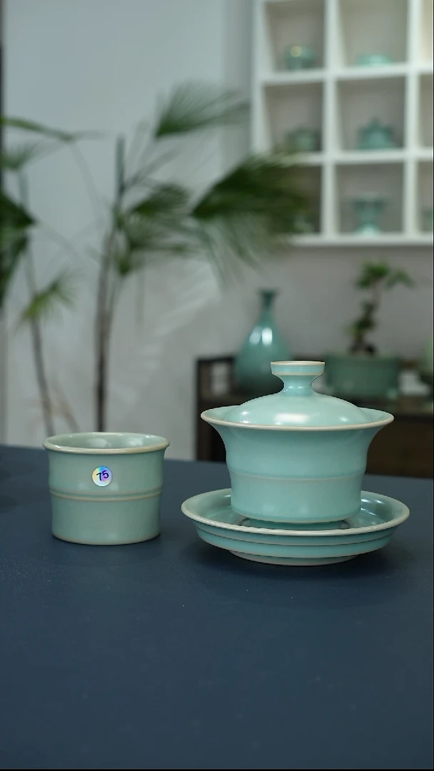 瓷片天坛竹节三才盖碗一级品赠单杯     洁