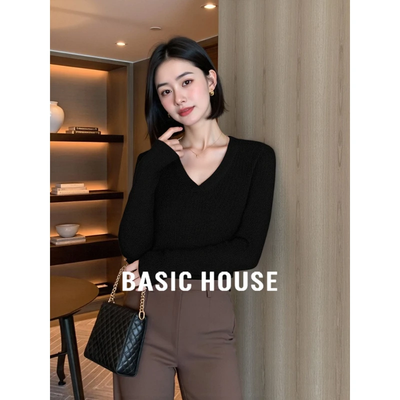 Basic House/百家好黑色V领长袖针织衫女士秋季修身内搭打底毛衣