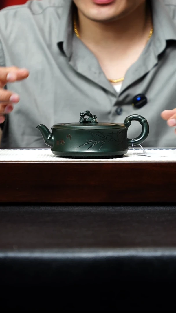 茶壶紫砂宜兴紫砂 竹韵周盘 绿泥 谭青h450