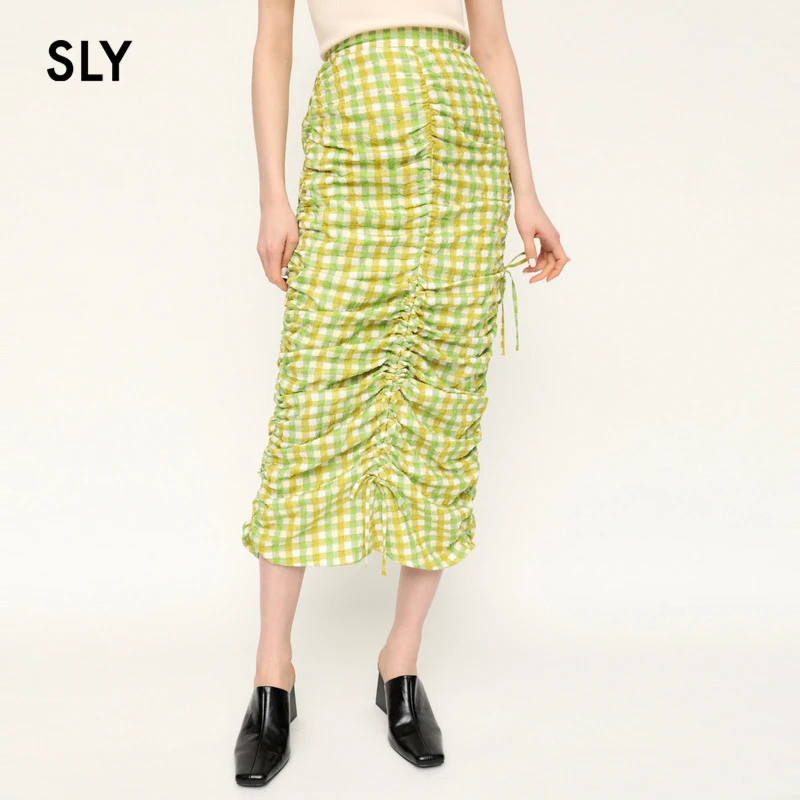 SLY 秋季新品薄荷曼波风格纹抽绳褶皱后开叉半身裙030FSA31-2460