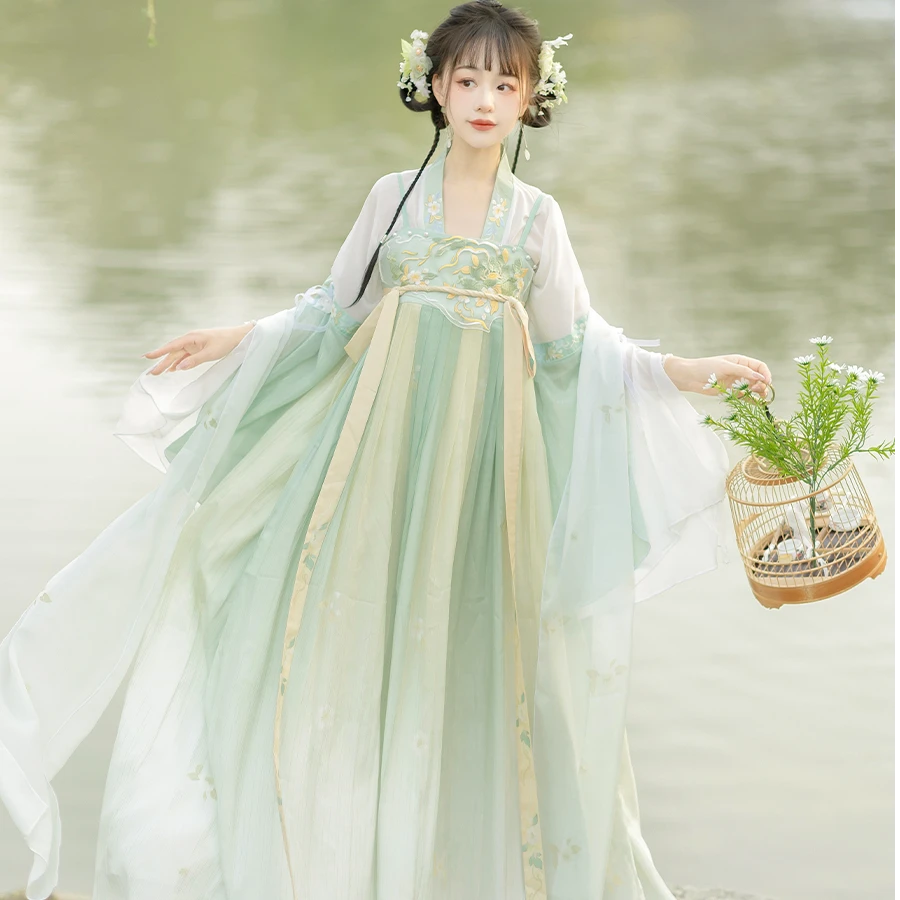 玉蕊清风原创设计新品唐制汉服春季款刺绣一片式齐胸襦裙古装国风