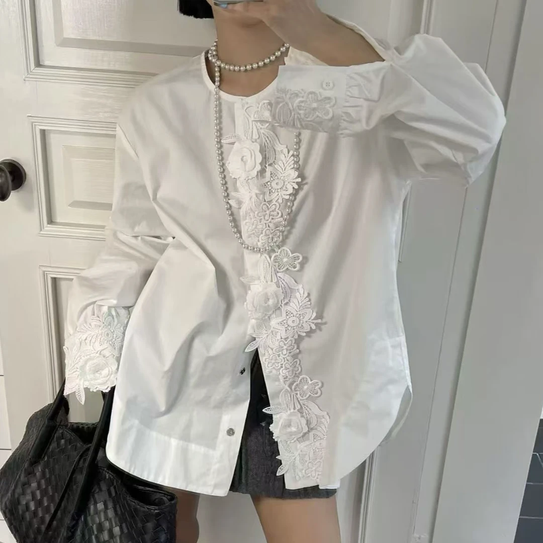 法式复古立体花朵拼接衬衫