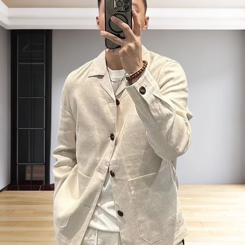 秋季高级简约纯色新款亚麻痞帅西服外套休闲男士复古翻领夹克上衣