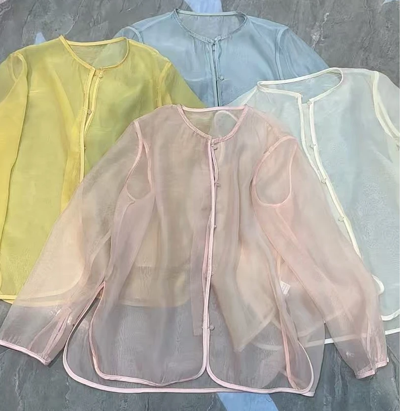 宽松版透视防晒衬衫2025春夏新圆领大版纱料简约百搭小众小衫上衣