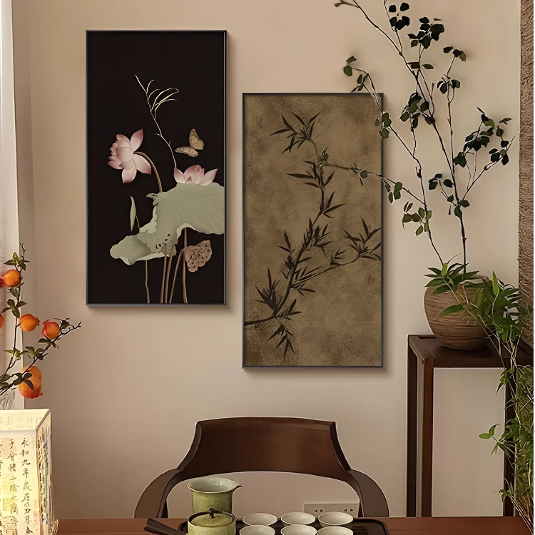 新中式装饰画宋代美学竹子画客厅沙发背景墙挂画禅意荷花茶室壁画