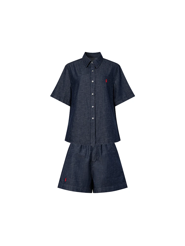 夏季衬衣短裤套装 女士软薄透气无弹牛仔 街头慵懒休闲运动 牛绫