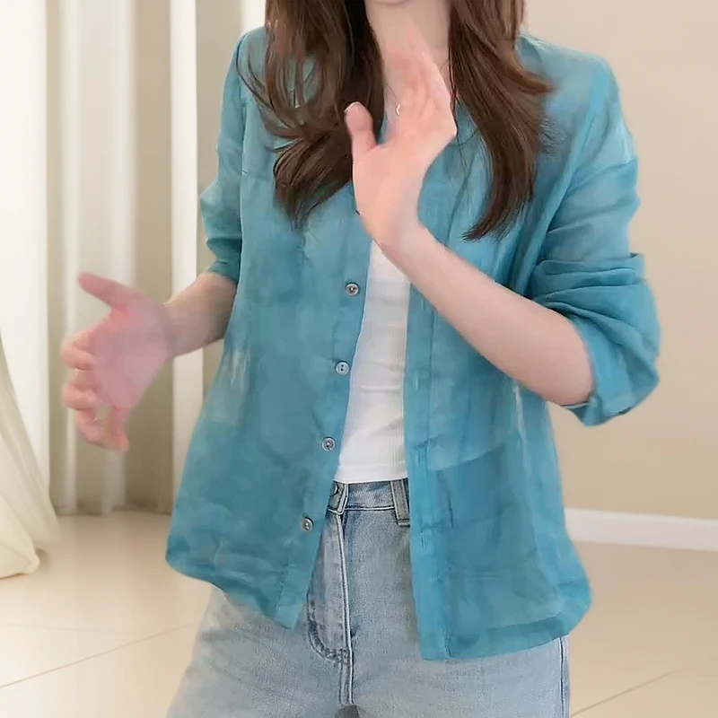 港风气质纯色百搭苎麻衬衣洋气显白显瘦长袖衬衫女
