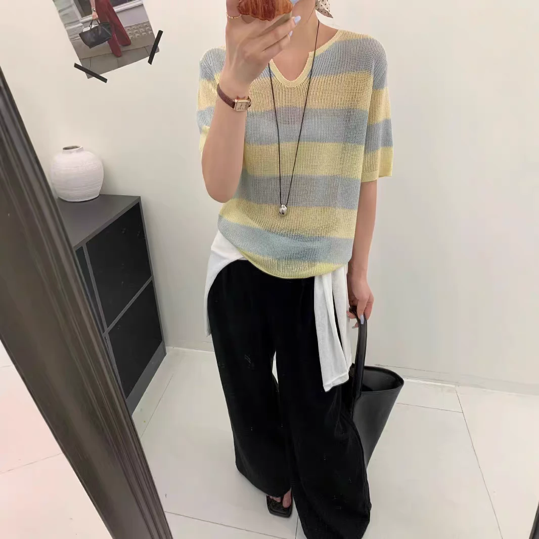 玲姐定制-镂空夏季新款时尚百搭条纹针织短袖156919