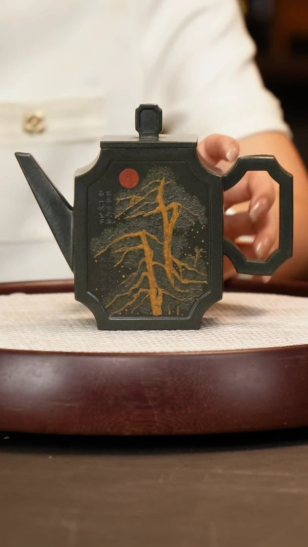 茶壶紫砂【夏转其】雪花绿泥四方高士  450CC