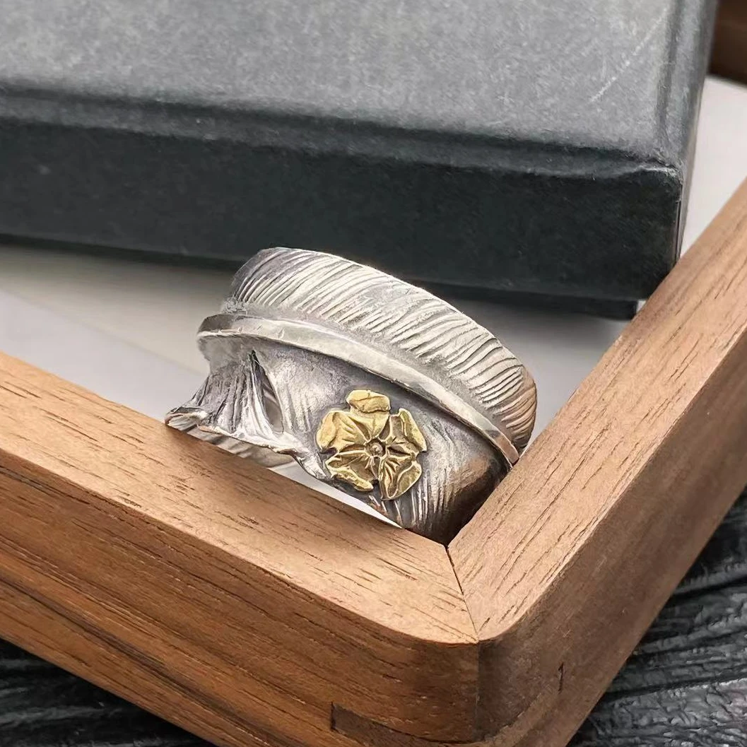 鸿聚隆 925银戒指 NO257小众goros做旧蔷薇羽毛戒指