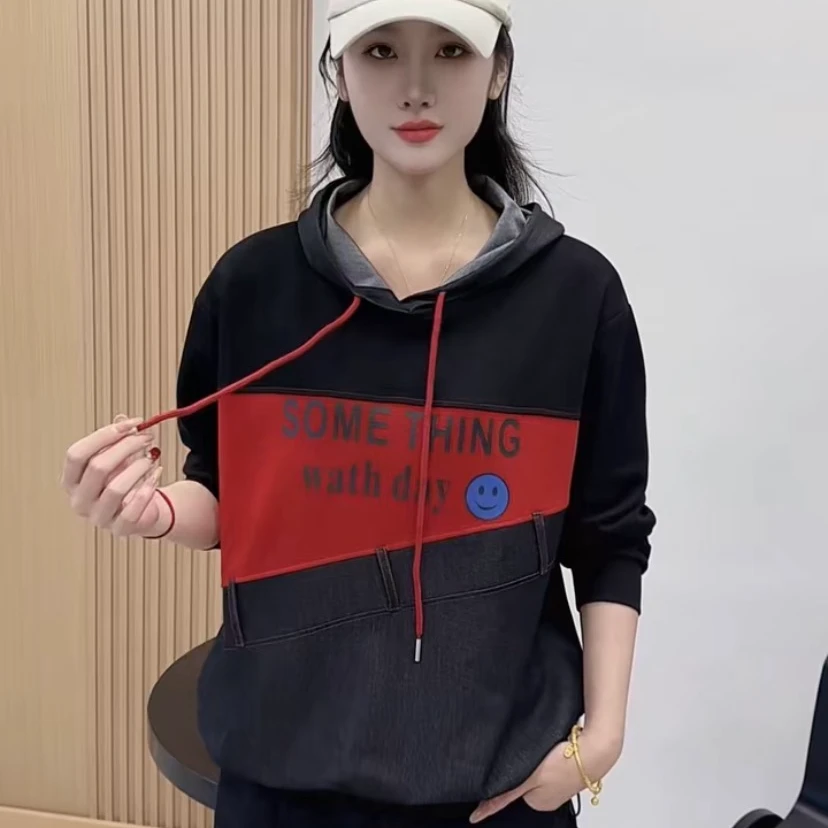 2025春款新款连帽卫衣牛仔拼接时尚减龄洋气显瘦妈妈卫衣长袖百搭