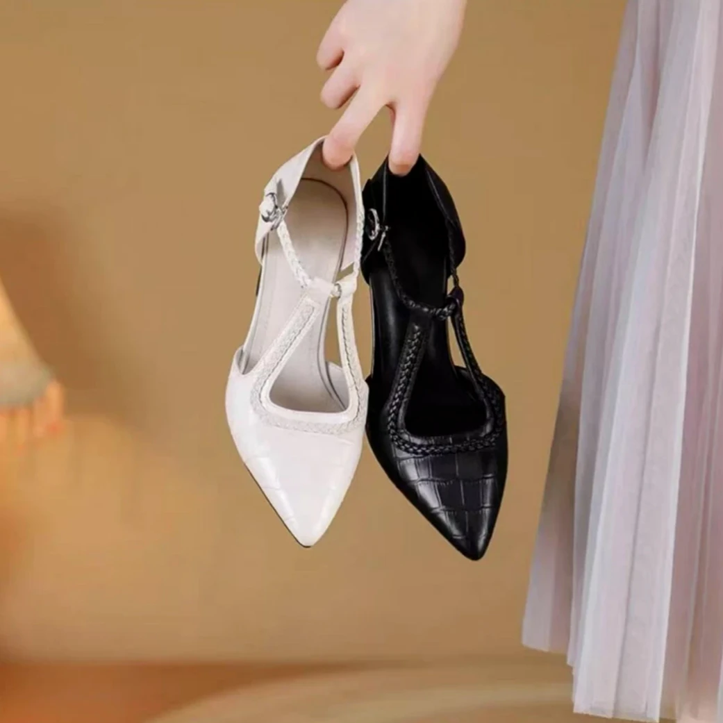 2025新款真皮软皮中跟单鞋女粗根浅口尖头不累脚气质女鞋凉鞋K6