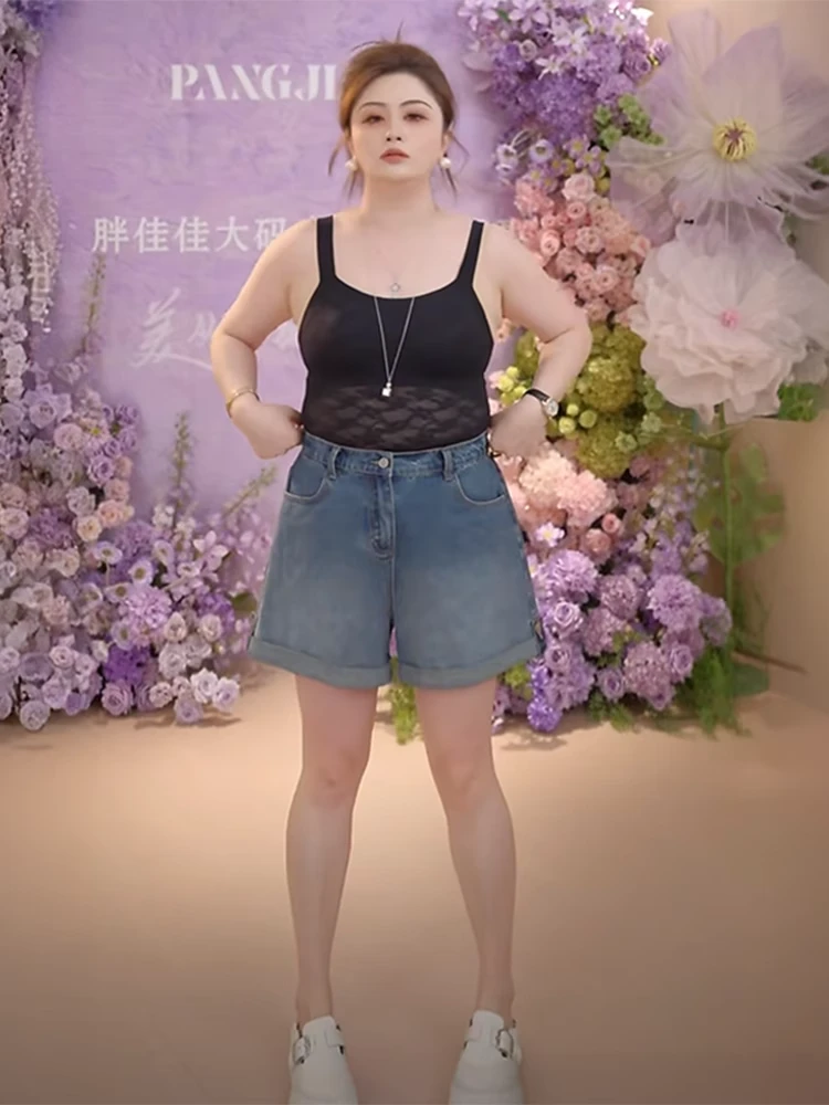 胖佳大码女装高腰遮跨翻边牛仔短裤女夏新款胖mm巨百搭渐变阔腿裤