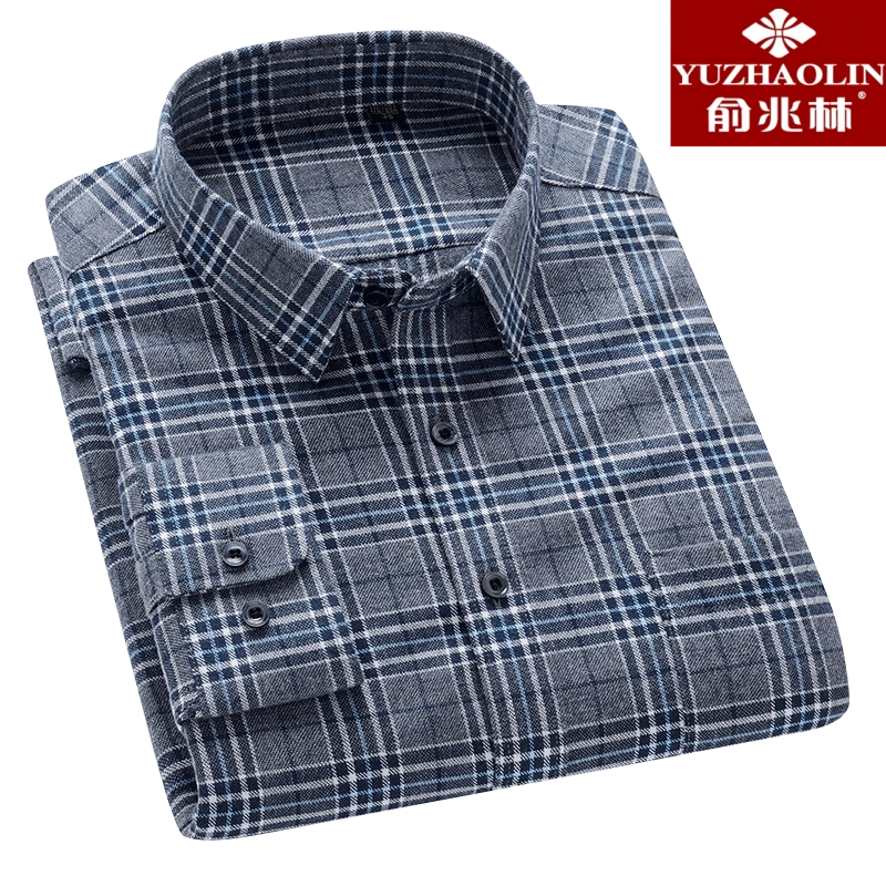 YUZHAOLIN/俞兆林衬衫男纯棉磨毛长袖通勤格纹休闲商务秋季衬衣