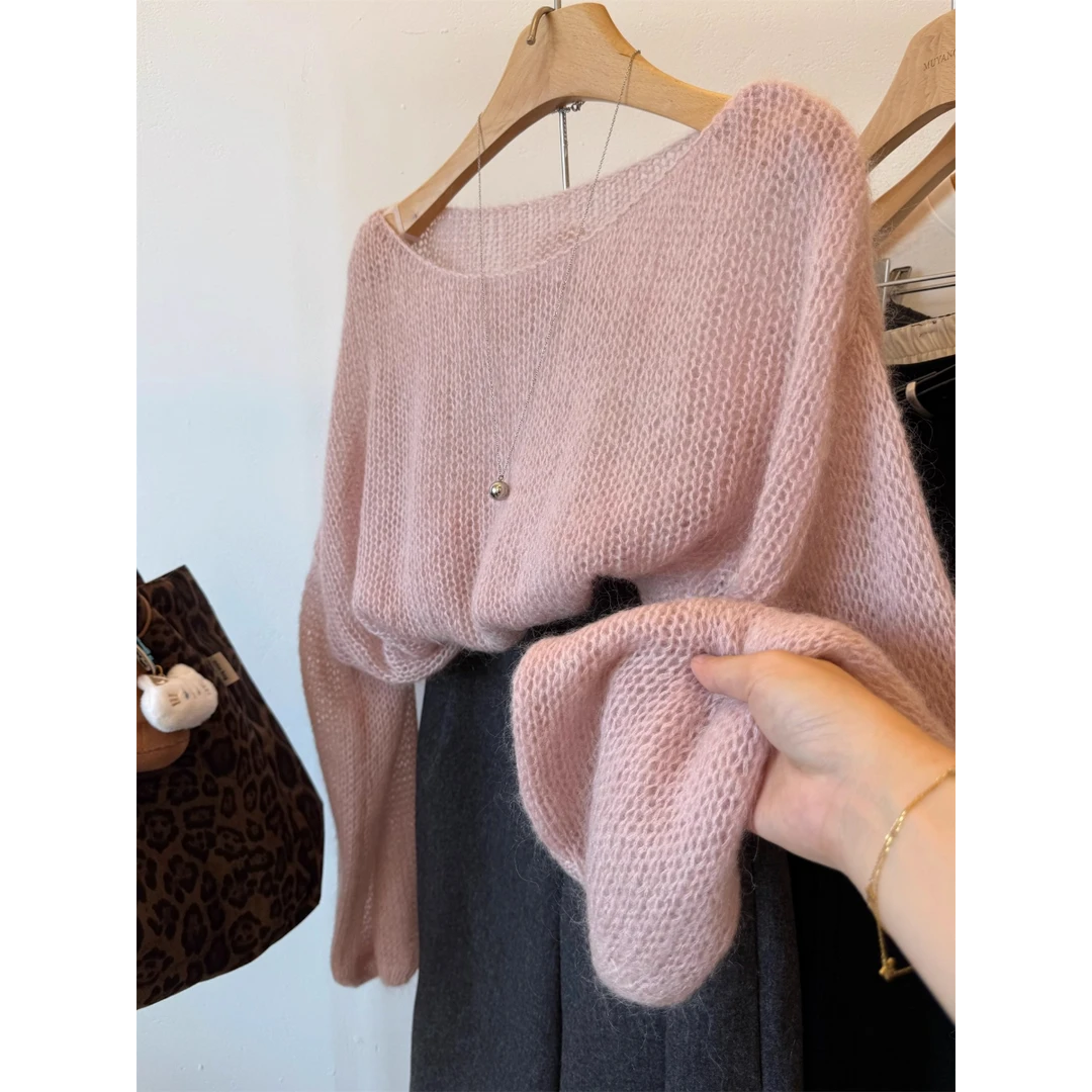 真心舒服呐！巨百搭！早秋软糯粉色针织衫女一字领大版慵懒短款毛衣