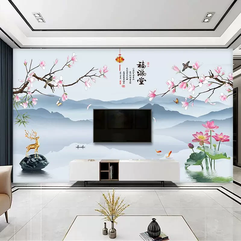 定制客斤电视背景墙8D立体新中式水墨山水画壁布沙发影视墙布壁画