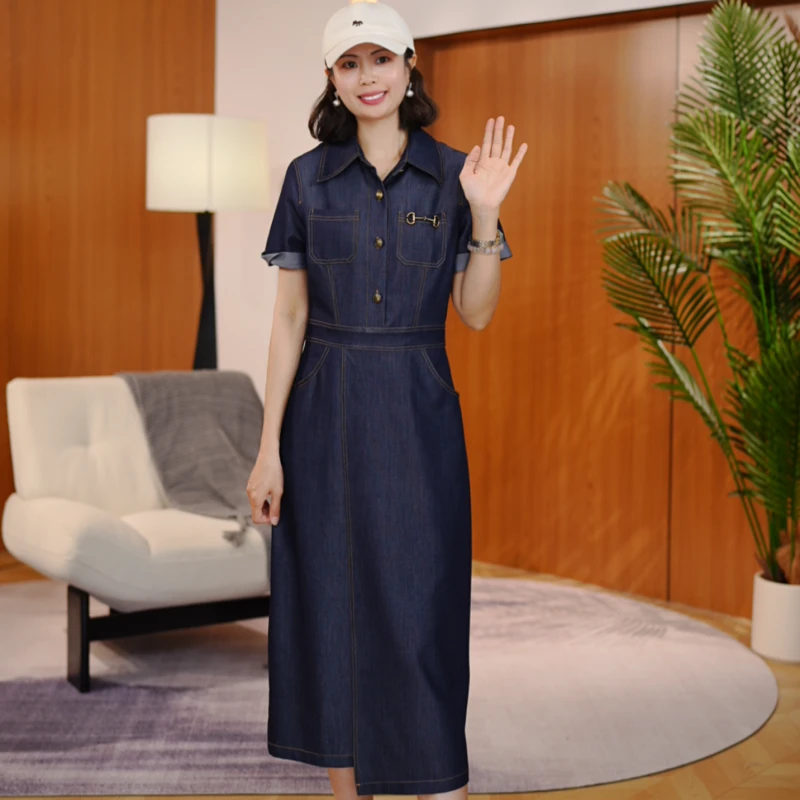 【南油虹姐】2025不规则深蓝牛仔复古翻领法式收腰显瘦连衣裙