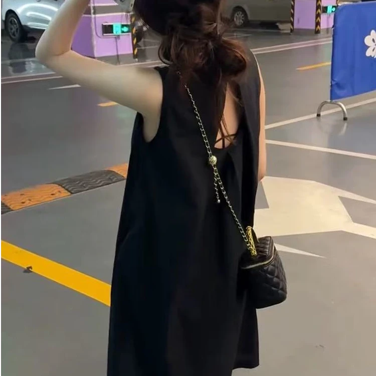 D7735夏季穿搭黑色露背显瘦法式连衣裙气质高级感时尚炸街长裙