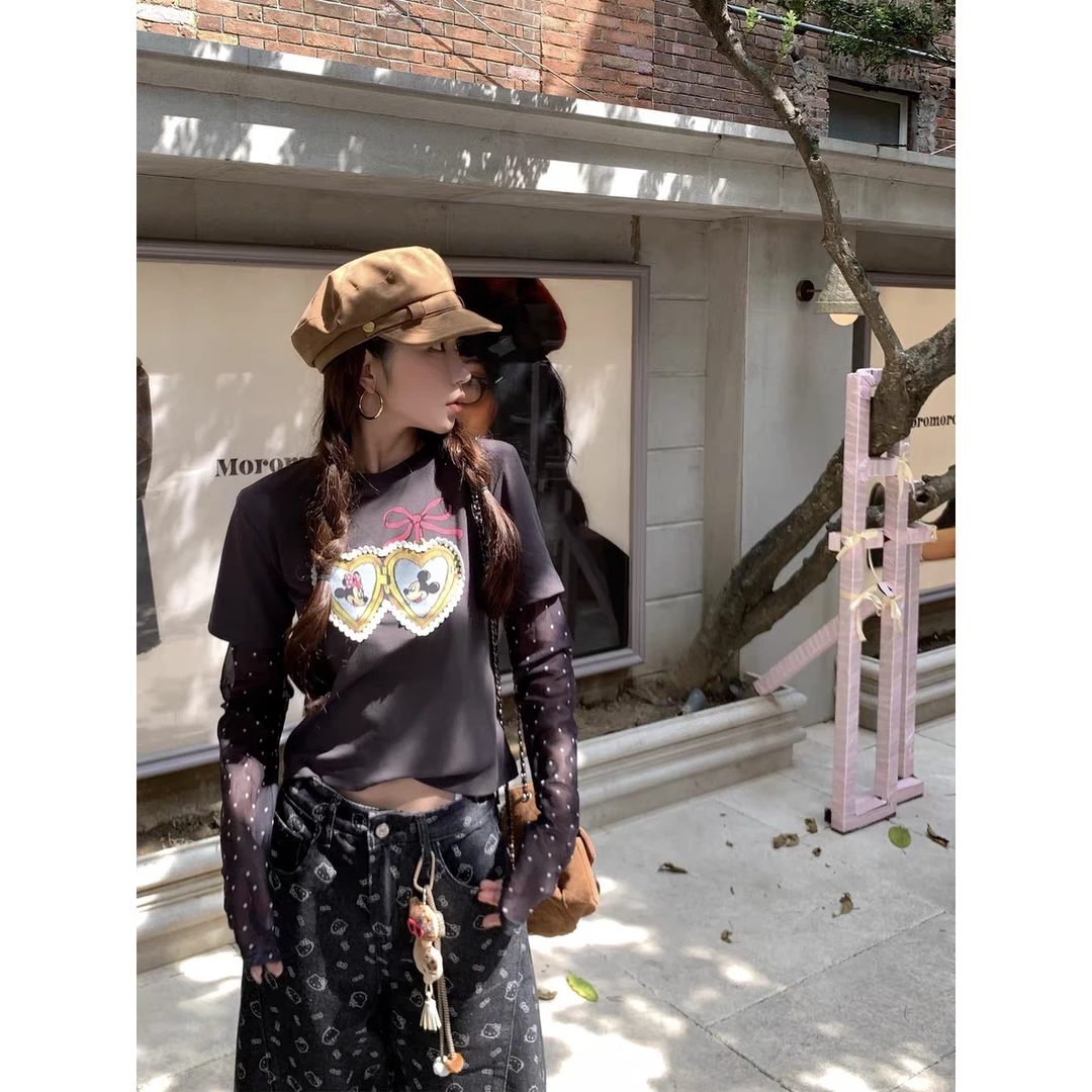 「涵涵家」米奇印花假两件拼接波点长袖T恤女显瘦慵懒松弛感#8853