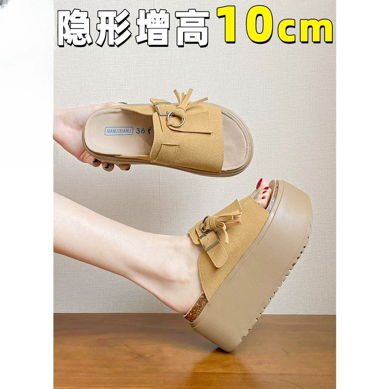 版~10cm小个子内增高复古勃肯拖鞋女流苏夏季美式厚底一字凉拖鞋