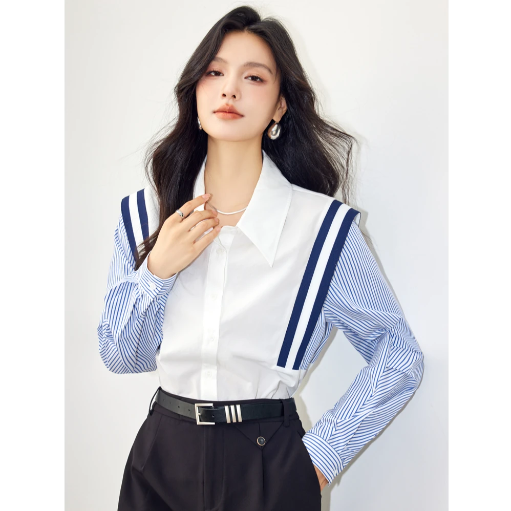 法式撞色条纹衬衫女秋宽松短袖显瘦气质衬衣设计感时尚拼接上衣潮