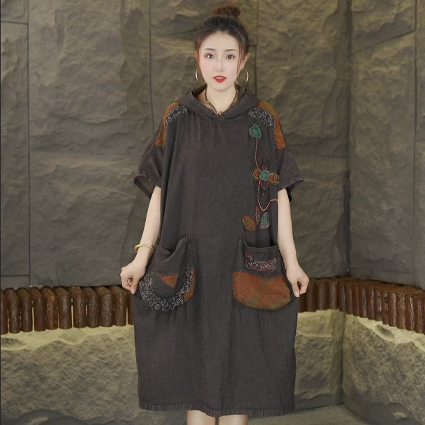 夏季文艺做旧连帽圆领短袖拼接连衣裙提花复古民族风牛仔2606-1