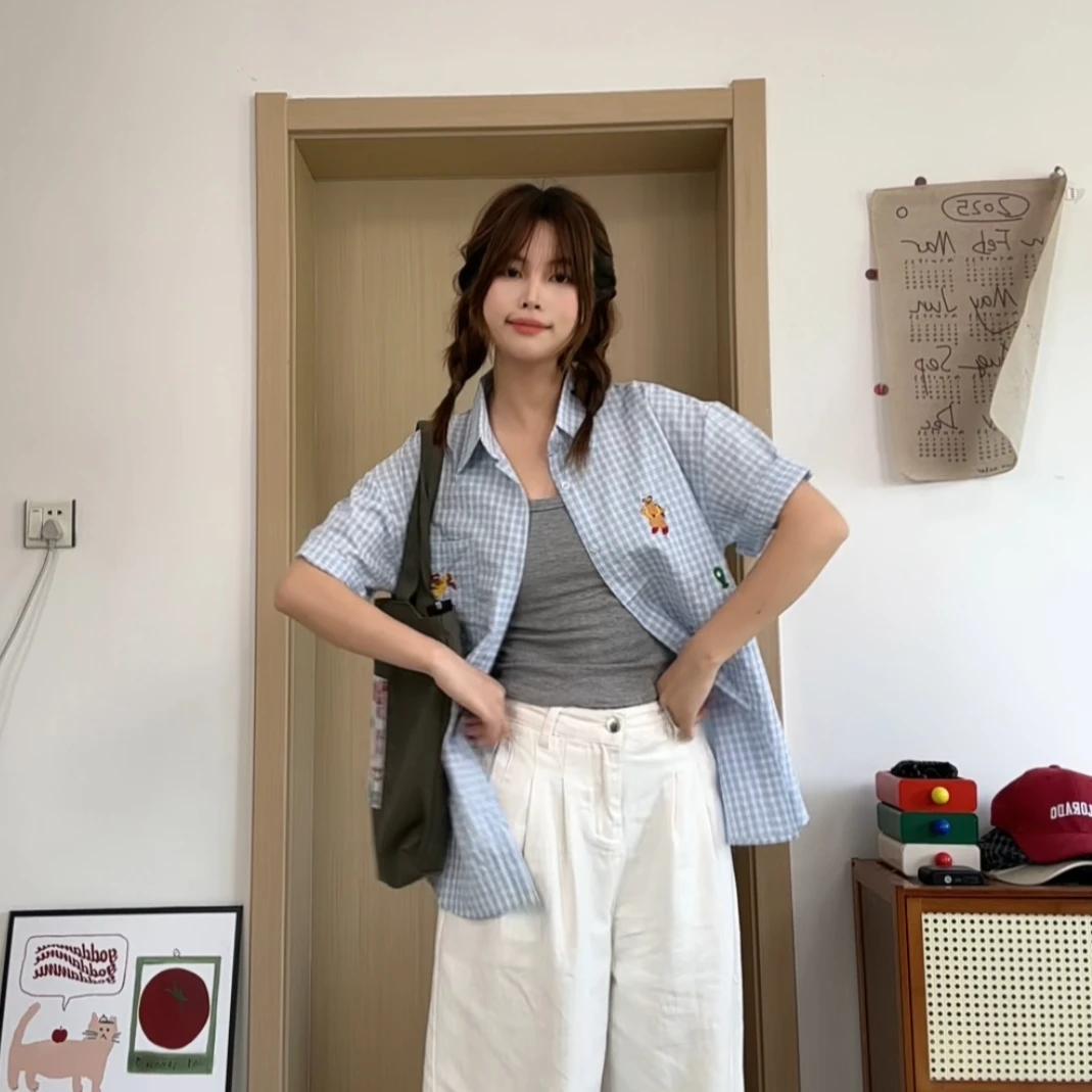 夏季蓝色清爽短袖衬衫泡泡棉格子刺绣衬衣少年感