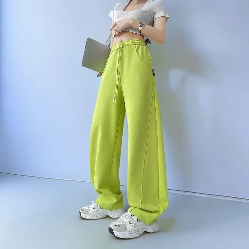 香蕉阔腿裤女春2026早春高腰垂感休闲小个子窄版荧光绿色休闲裤女
