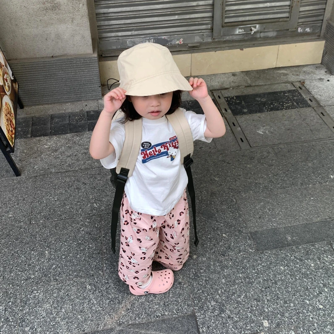 壹妈韩版童装女童时髦套装新款儿童萌娃穿搭卡通猫t恤短袖裤子