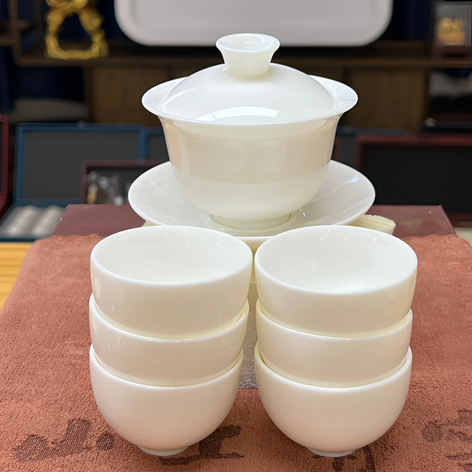 【山上有窑】羊脂玉猪油白三才盖碗家用办公茶杯茶具套装支持定制