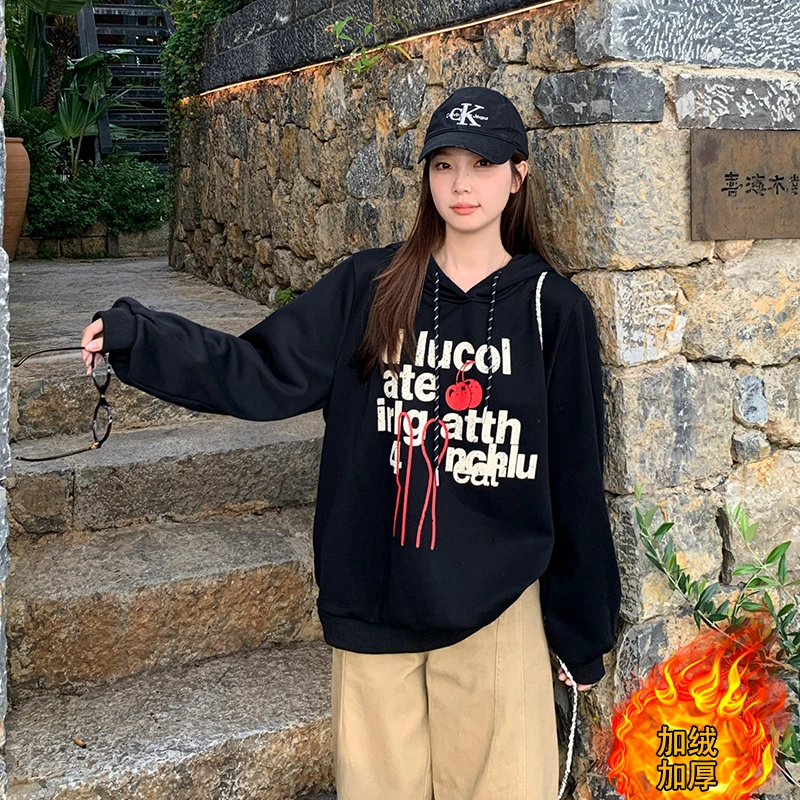 胖mm大码女休闲印花字母加绒加厚连帽卫衣上衣23258+23323加绒
